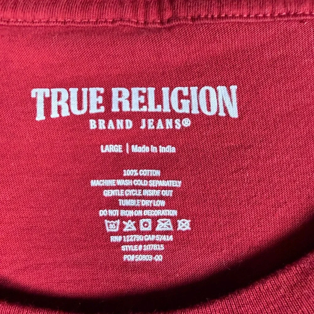 True Religion Mens L Red Buddha Graphic Horseshoe Logo T-Shirt Hip Hop Y2K Retro